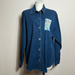 Michael Leu Blue Denim Button Down Front Art Stretchy Shirt size 1X